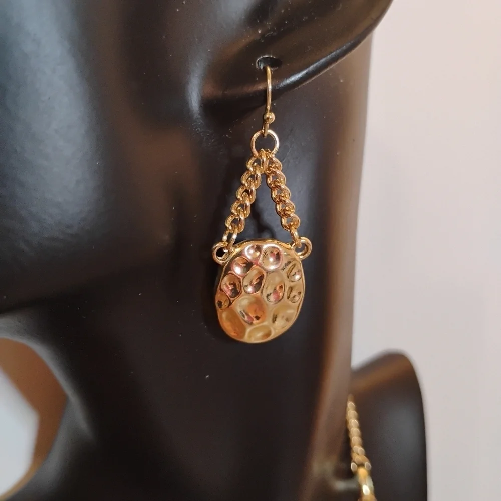 Bold elements Gold Tone Hammered Pendant Layered Necklace & Earrings‎